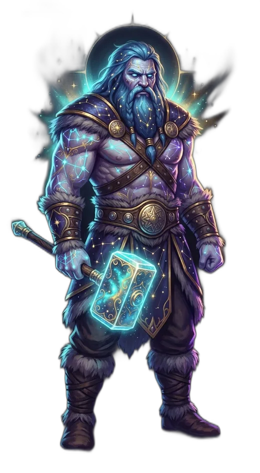 A storm god with constellation-lit skin, holding a glowing star-forged hammer.