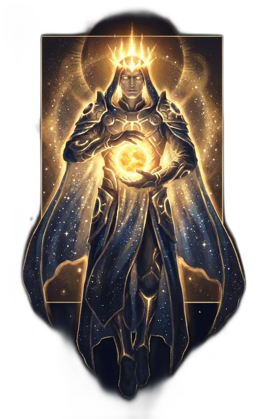 A sun deity holding a small burning sun, cloaked in a star-filled mantle.