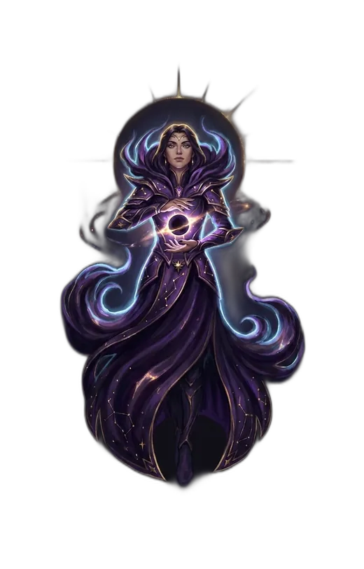 The Void Witch cradling a small eclipse, purple robes trailing constellations.